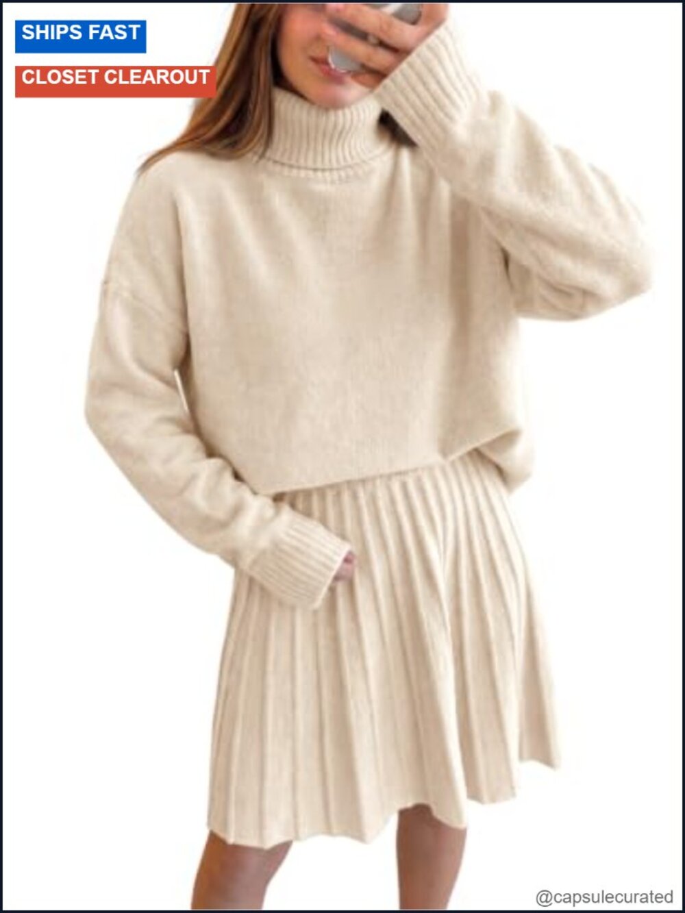 Cozy Knit Two Piece Set Long Sleeve Turtleneck Sweater & Pleated Mini Skirt